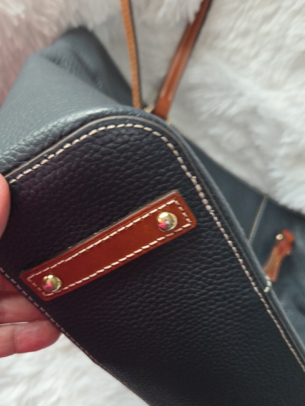Dooney & Bourke Dark Blue Tote with Brown Trim and Straps - Picture 8 of 10